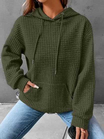 Waffle Grid Kangaroo Pocket Drawstring Hoodies Sweatshirt